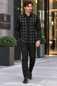 Men’s Black Embroidered Walking Suit – Long Sleeve Shirt & Matching Pants Set