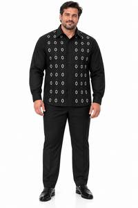 Men’s Black Embroidered Walking Suit – Long Sleeve Shirt & Matching Pants Set