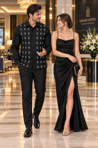 Men’s Black Embroidered Walking Suit – Long Sleeve Shirt & Matching Pants Set