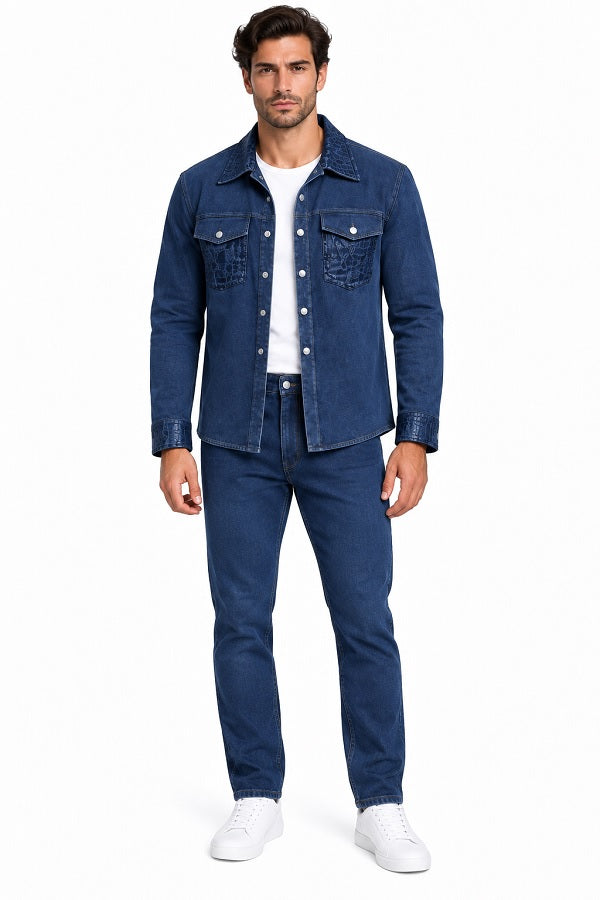 Mens Blue Denim Casual Walking Suit – Long Sleeve Jacket & Matching Pants Set