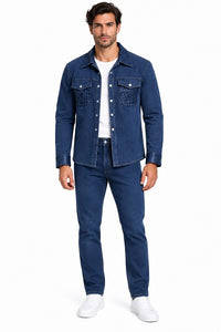 Mens Blue Denim Casual Walking Suit – Long Sleeve Jacket & Matching Pants Set