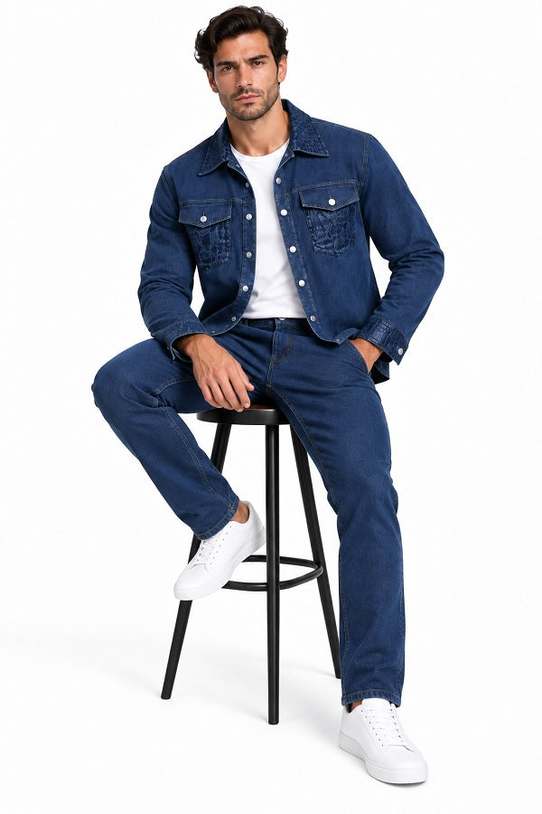 Mens Blue Denim Casual Walking Suit – Long Sleeve Jacket & Matching Pants Set