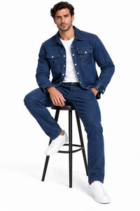 Mens Blue Denim Casual Walking Suit – Long Sleeve Jacket & Matching Pants Set