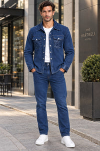Mens Blue Denim Casual Walking Suit – Long Sleeve Jacket & Matching Pants Set