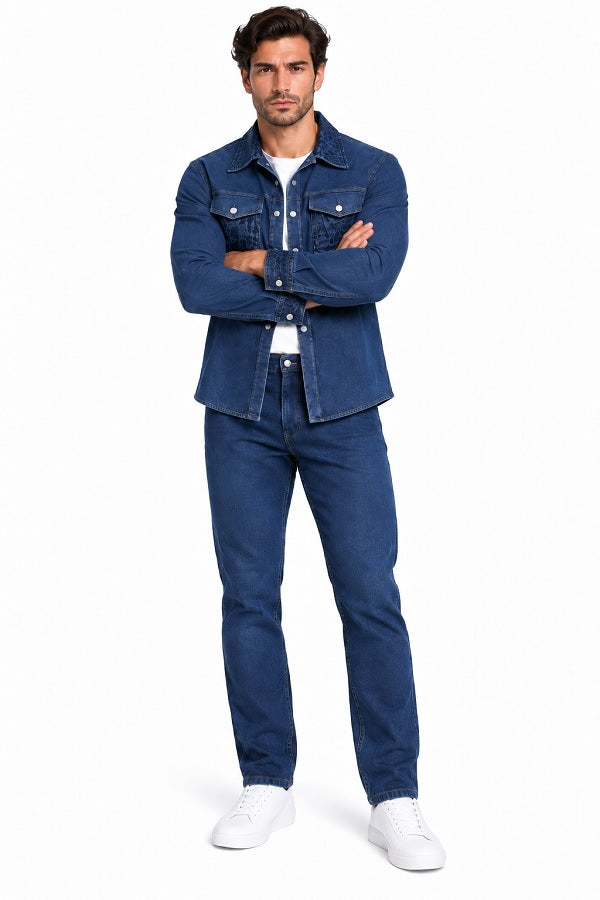 Mens Blue Denim Casual Walking Suit – Long Sleeve Jacket & Matching Pants Set