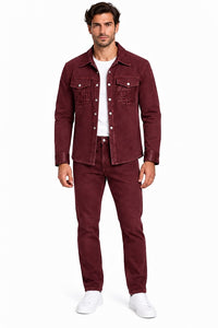 Mens Burgundy Casual Dressy Walking Suit – Long Sleeve Shirt & Matching Pants Set