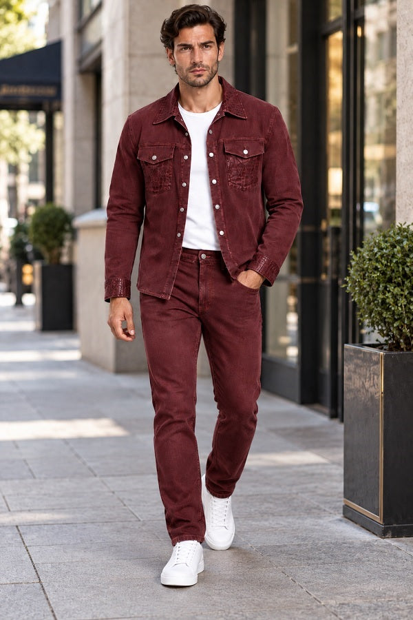 Mens Burgundy Casual Dressy Walking Suit – Long Sleeve Shirt & Matching Pants Set