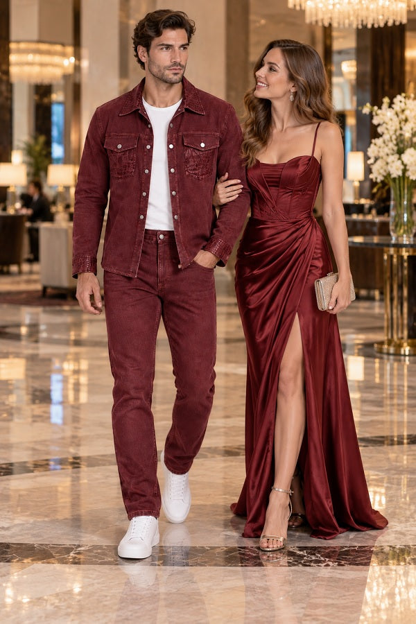 Mens Burgundy Casual Dressy Walking Suit – Long Sleeve Shirt & Matching Pants Set