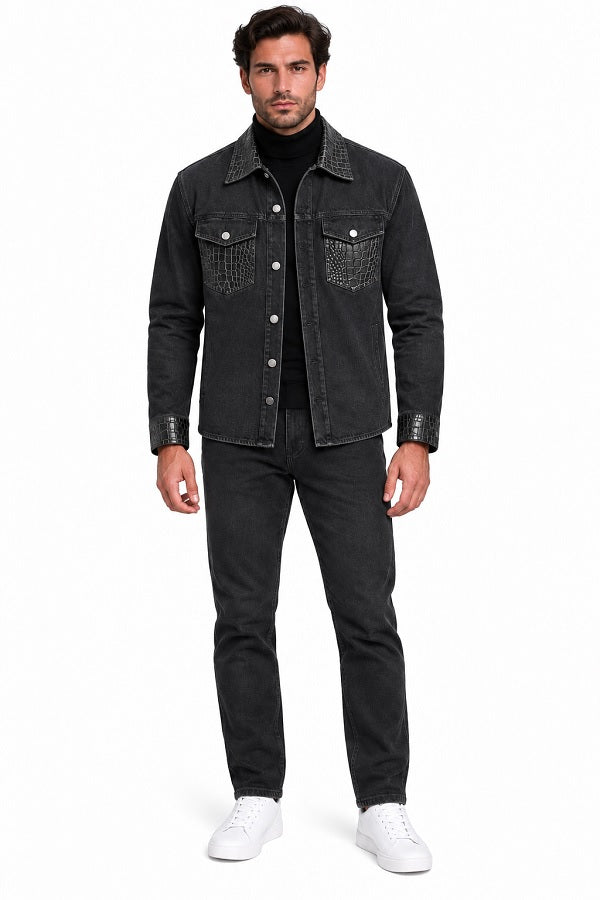 Mens Charcoal Black Casual Dressy Walking Suit – Long Sleeve Shirt & Matching Pants Set