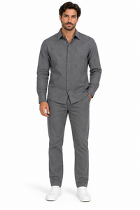 Mens Charcoal Grey Signature Texture Walking Suit – Modern Shirt & Matching Pants Set