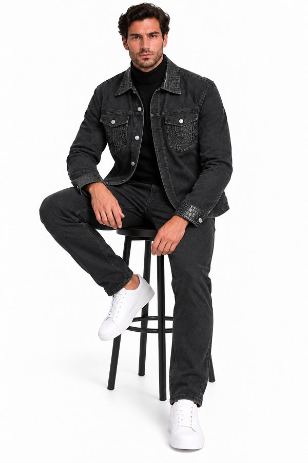 Mens Charcoal Black Casual Dressy Walking Suit – Long Sleeve Shirt & Matching Pants Set