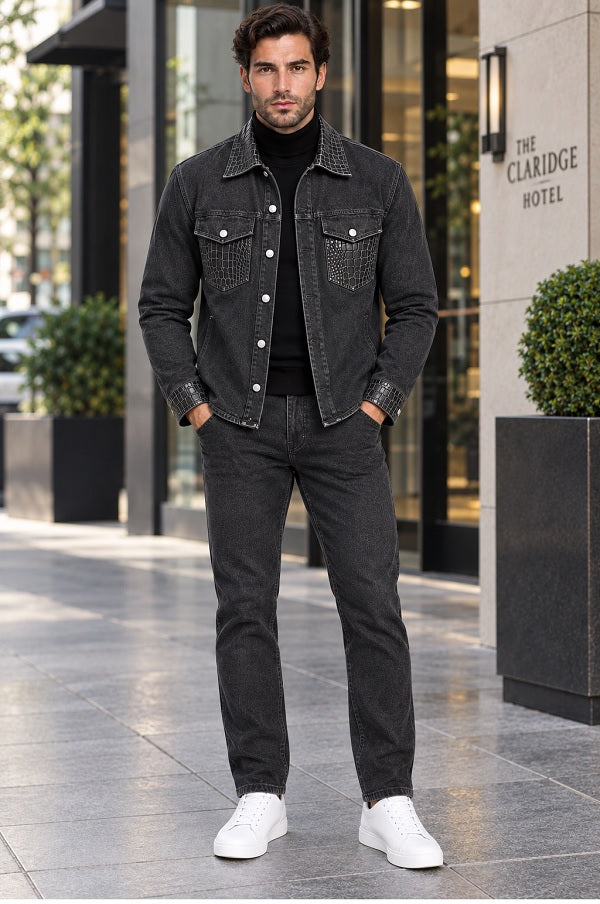 Mens Charcoal Black Casual Dressy Walking Suit – Long Sleeve Shirt & Matching Pants Set