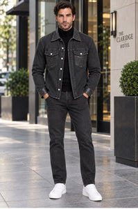 Mens Charcoal Black Casual Dressy Walking Suit – Long Sleeve Shirt & Matching Pants Set
