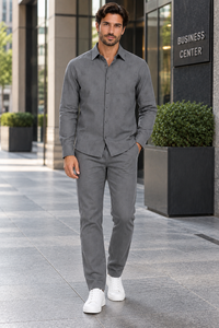 Mens Charcoal Grey Signature Texture Walking Suit – Modern Shirt & Matching Pants Set