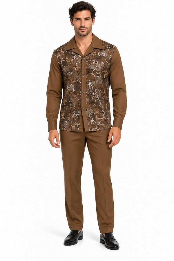 Mens Cognac Brown Paisley Royale Walking Suit – Patterned Shirt & Matching Pants