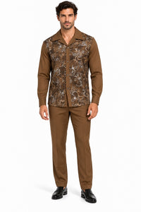 Mens Cognac Brown Paisley Royale Walking Suit – Patterned Shirt & Matching Pants