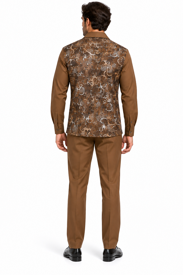 Mens Cognac Brown Paisley Royale Walking Suit – Patterned Shirt & Matching Pants