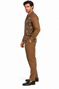 Mens Cognac Brown Paisley Royale Walking Suit – Patterned Shirt & Matching Pants