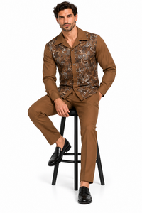 Mens Cognac Brown Paisley Royale Walking Suit – Patterned Shirt & Matching Pants