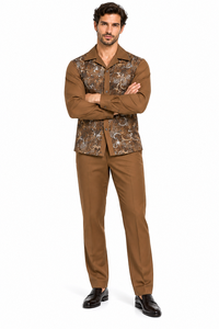 Mens Cognac Brown Paisley Royale Walking Suit – Patterned Shirt & Matching Pants