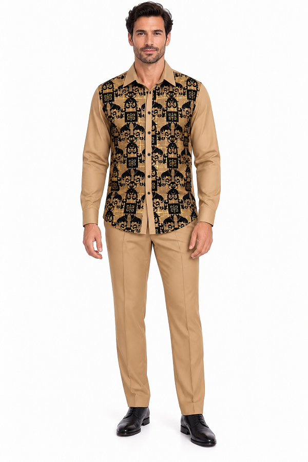 Mens Luxury Tan & Black Patterned Walking Suit – Long Sleeve Shirt & Matching Pants Set