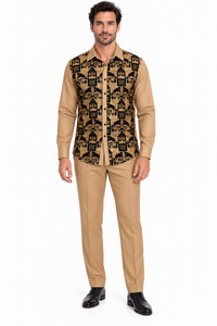 Mens Luxury Tan & Black Patterned Walking Suit – Long Sleeve Shirt & Matching Pants Set
