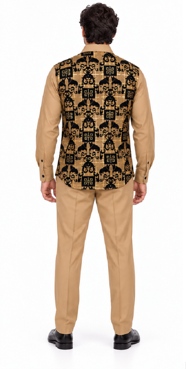 Mens Luxury Tan & Black Patterned Walking Suit – Long Sleeve Shirt & Matching Pants Set