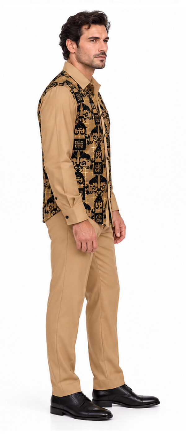 Mens Luxury Tan & Black Patterned Walking Suit – Long Sleeve Shirt & Matching Pants Set