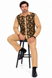 Mens Luxury Tan & Black Patterned Walking Suit – Long Sleeve Shirt & Matching Pants Set