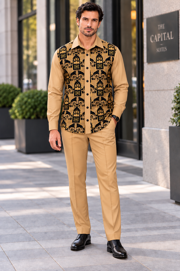Mens Luxury Tan & Black Patterned Walking Suit – Long Sleeve Shirt & Matching Pants Set