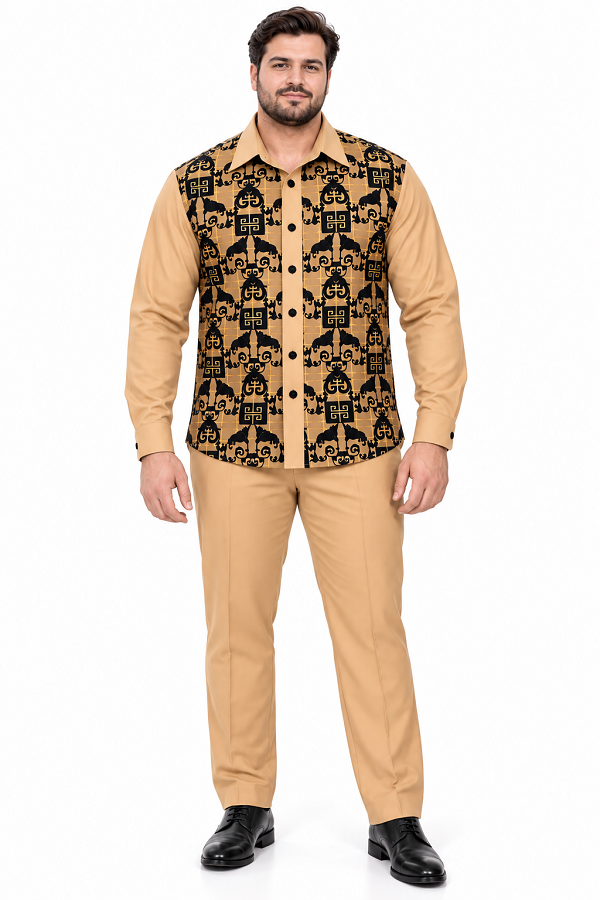 Mens Luxury Tan & Black Patterned Walking Suit – Long Sleeve Shirt & Matching Pants Set
