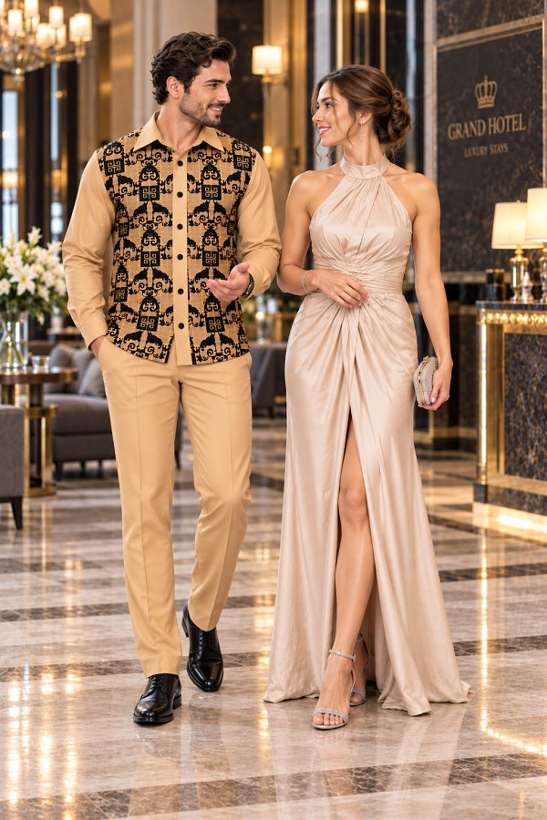 Mens Luxury Tan & Black Patterned Walking Suit – Long Sleeve Shirt & Matching Pants Set