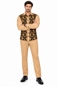 Mens Luxury Tan & Black Patterned Walking Suit – Long Sleeve Shirt & Matching Pants Set