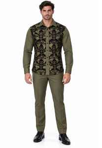 Mens Olive Green & Black Patterned Walking Suit – Long Sleeve Shirt & Matching Pants Set