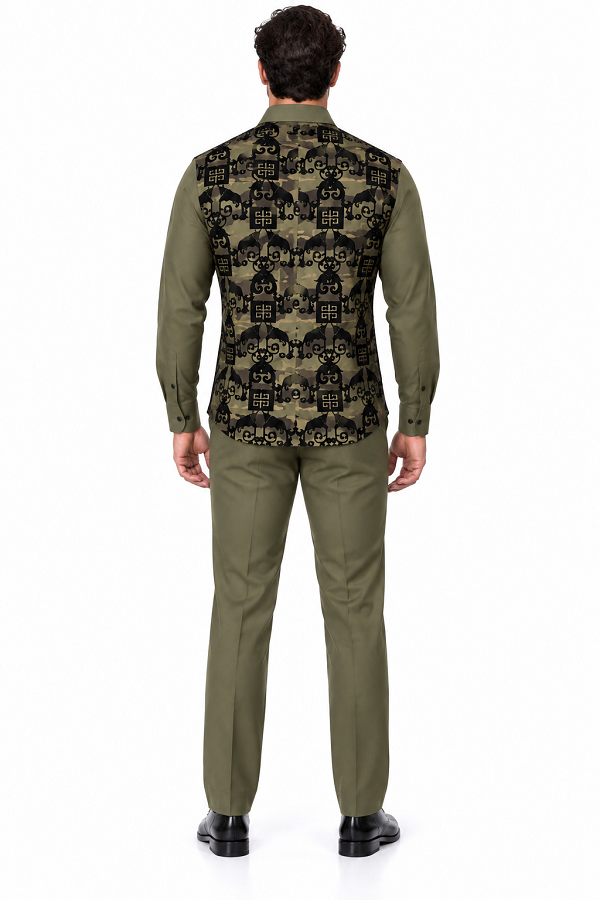 Mens Olive Green & Black Patterned Walking Suit – Long Sleeve Shirt & Matching Pants Set