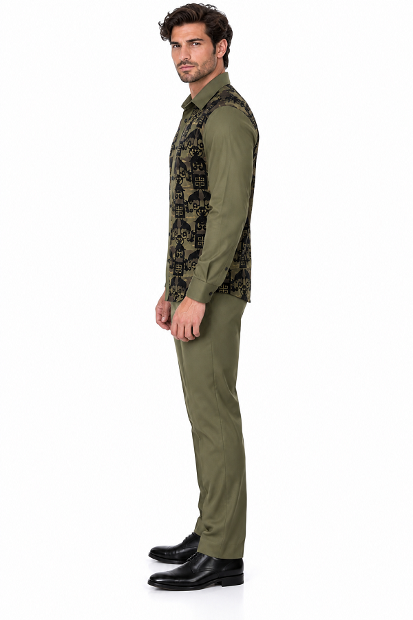 Mens Olive Green & Black Patterned Walking Suit – Long Sleeve Shirt & Matching Pants Set