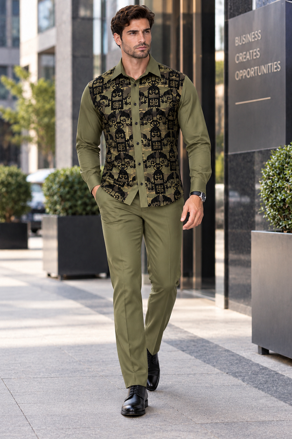Mens Olive Green & Black Patterned Walking Suit – Long Sleeve Shirt & Matching Pants Set