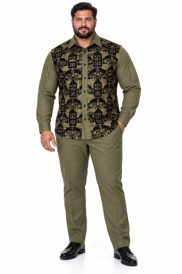 Mens Olive Green & Black Patterned Walking Suit – Long Sleeve Shirt & Matching Pants Set