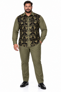 Mens Olive Green & Black Patterned Walking Suit – Long Sleeve Shirt & Matching Pants Set