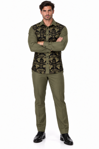 Mens Olive Green & Black Patterned Walking Suit – Long Sleeve Shirt & Matching Pants Set