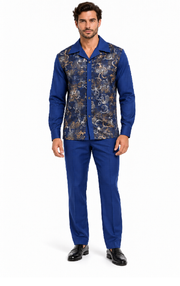 Mens Royal Blue Paisley Prestige Walking Suit – Patterned Shirt & Matching Pants