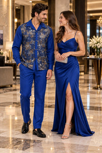 Mens Royal Blue Paisley Prestige Walking Suit – Patterned Shirt & Matching Pants