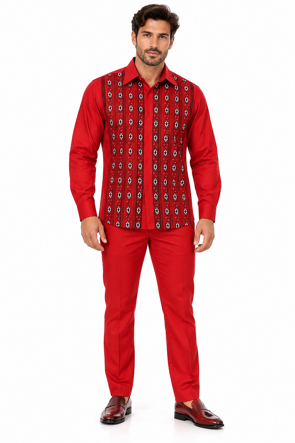 Men’s Red Embroidered Walking Suit – Long Sleeve Shirt & Matching Pants Set