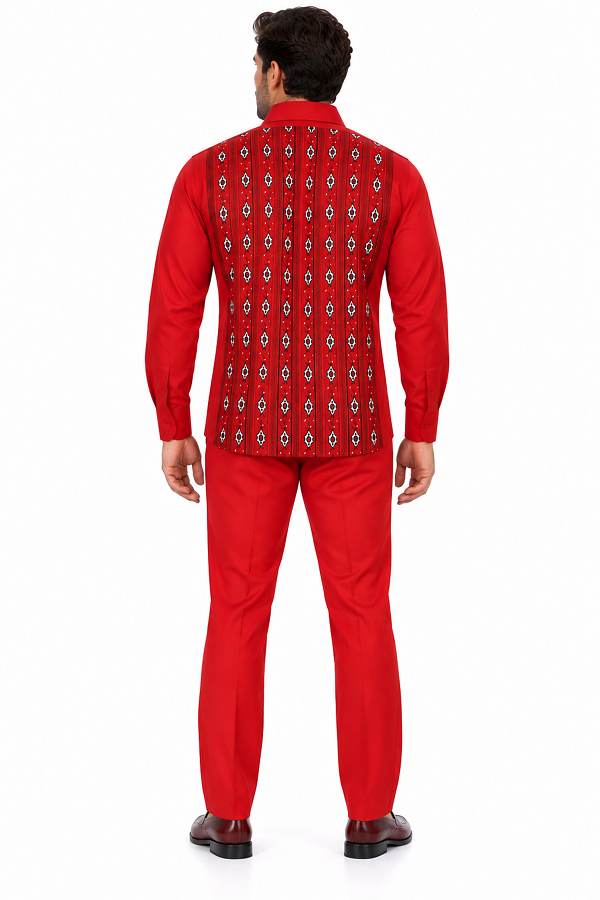 Men’s Red Embroidered Walking Suit – Long Sleeve Shirt & Matching Pants Set