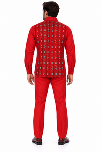 Men’s Red Embroidered Walking Suit – Long Sleeve Shirt & Matching Pants Set