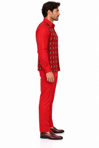 Men’s Red Embroidered Walking Suit – Long Sleeve Shirt & Matching Pants Set