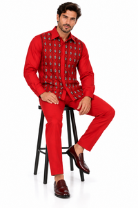 Men’s Red Embroidered Walking Suit – Long Sleeve Shirt & Matching Pants Set