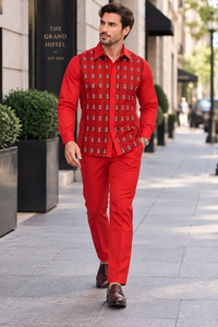 Men’s Red Embroidered Walking Suit – Long Sleeve Shirt & Matching Pants Set