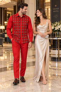 Men’s Red Embroidered Walking Suit – Long Sleeve Shirt & Matching Pants Set