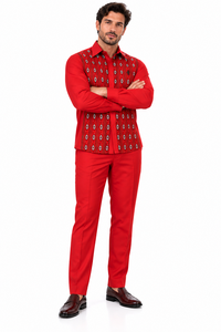 Men’s Red Embroidered Walking Suit – Long Sleeve Shirt & Matching Pants Set